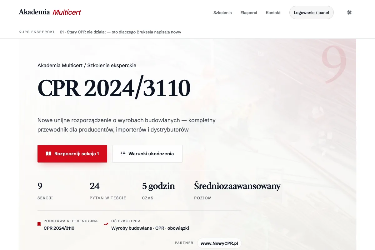 Ekran kursu CPR 2024/3110 w panelu Akademii Multicert, z programem, liczbą sekcji, testem i czasem nauki